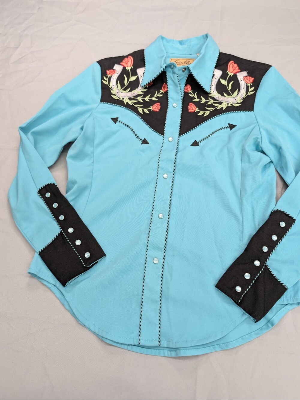 Scully Womens Western Shirt XS Horseshoe Rose Pearl Snap